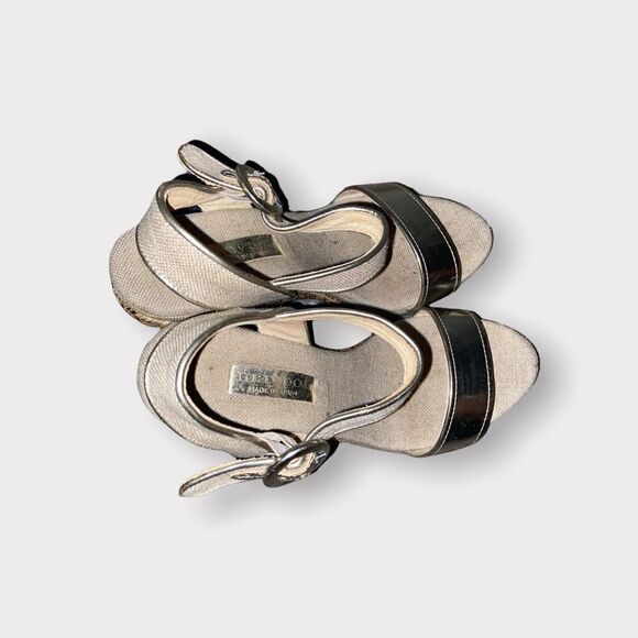 Maypol Gold Leather and Linen Espadrille Wedge Sandals Size 8.5 - Picture 3 of 5